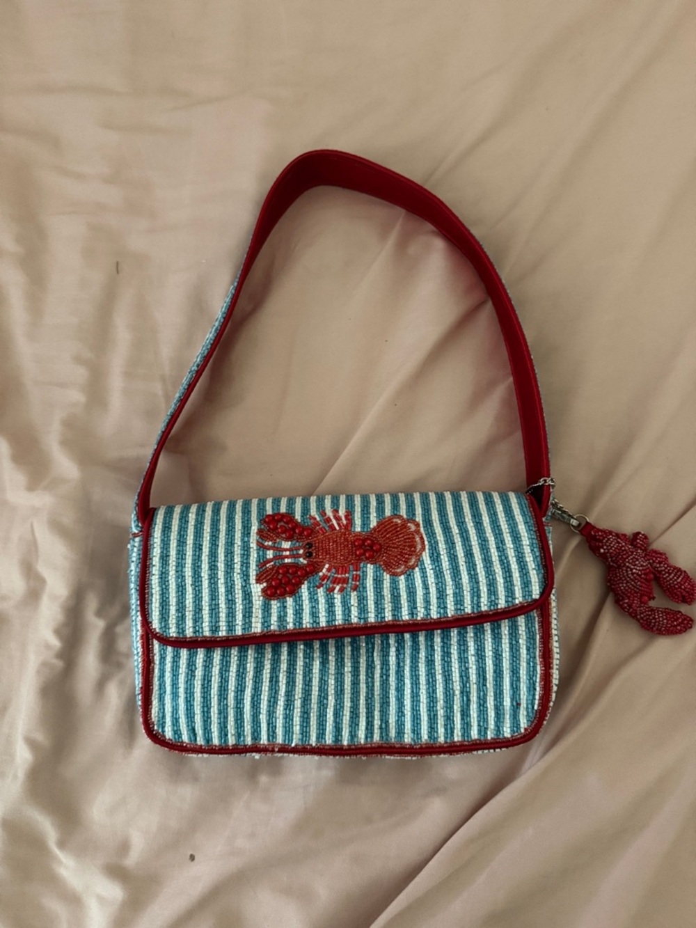 Red-Trim Striped Lobster Beaded Shoulder Bag
